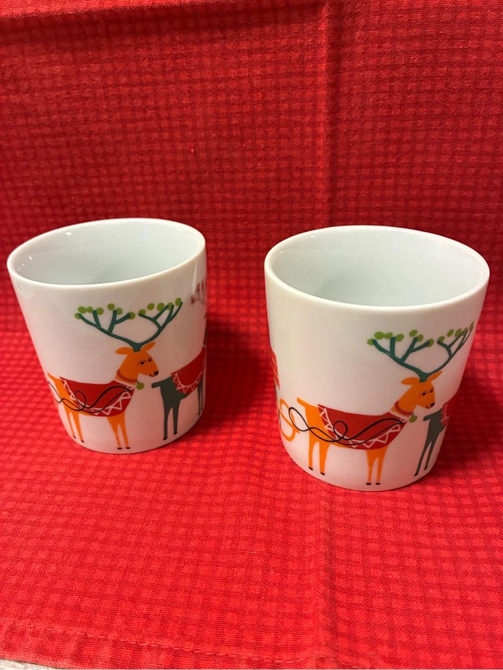 Set of 2 Crate & Barrel Jenny Bowers 2014 Christmas Reindeer & Sleigh Mugs